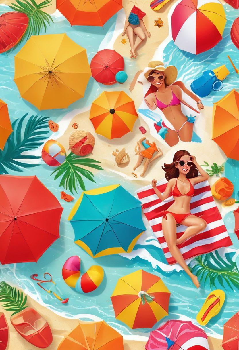 A colorful and playful scene showcasing various animated characters in vibrant summer swimwear at a beach. Include stylized waves, sun umbrellas, and beach toys as background elements. Highlight diverse characters in fun poses enjoying summer activities, such as surfing, building sandcastles, and relaxing on colorful towels. The overall style should be cartoonish and lively, capturing the essence of summer fun and fashion. vibrant colors. cartoon style.