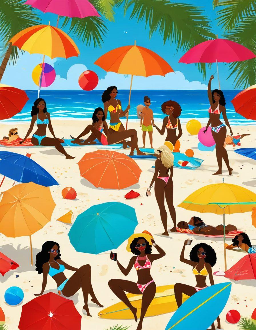 A colorful beach scene featuring animated adult cartoon characters wearing the latest bikini trends, lounging under vibrant umbrellas and playing in the waves. Include a diverse group of characters to showcase a variety of styles and body types, with palm trees swaying in the background and a bright sun shining overhead. Incorporate playful elements like beach balls and surfboards to enhance the fun atmosphere. cartoon style. vibrant colors. summer vibe.
