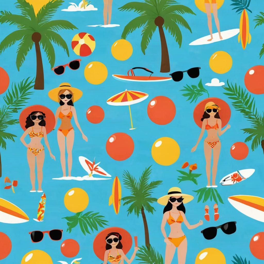 A vibrant summer scene featuring a diverse group of animated characters wearing stylish beachwear, enjoying a sunny beach with palm trees and clear blue skies. Incorporate elements of animated series aesthetics, like playful expressions, colorful patterns, and whimsical accessories. The focus should be on the characters showcasing unique summer fashion trends, including swimsuits, hats, and sunglasses. Background elements like beach balls and surfboards enhance the lively atmosphere. cartoon style. bright colors. fun and playful.